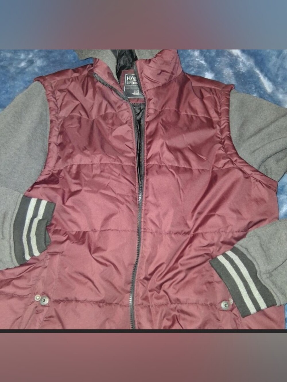 Maroon Quilted Puffer Vest with Grey Sleeves And Hood